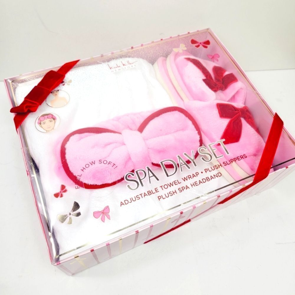 Nicole Miller Self Care Spa Day Set Towel Wrap Slippers Headband NWT